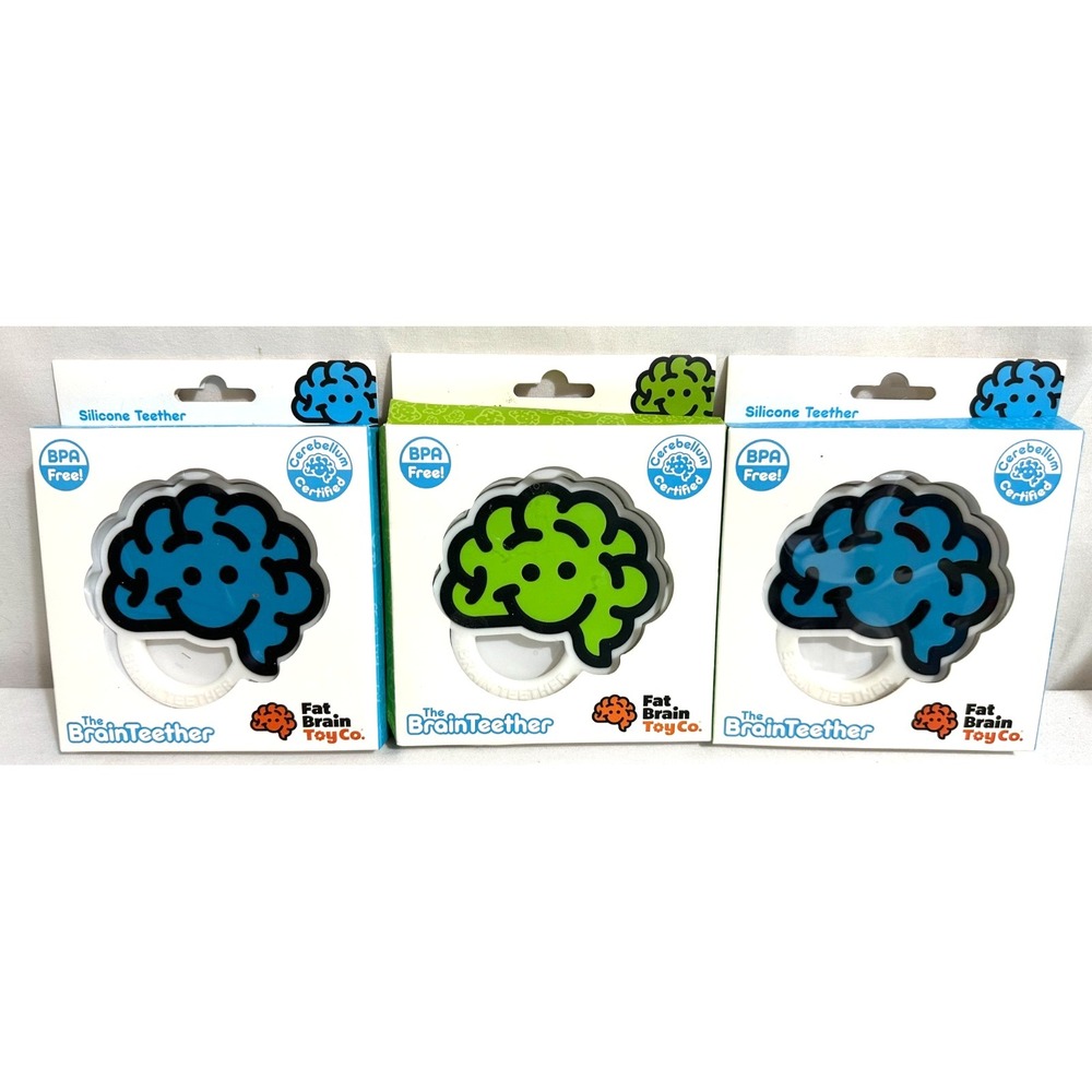 Fat Brain Toy Co. The Brain Teether Silicone Baby Teething Rings Green & Blue
